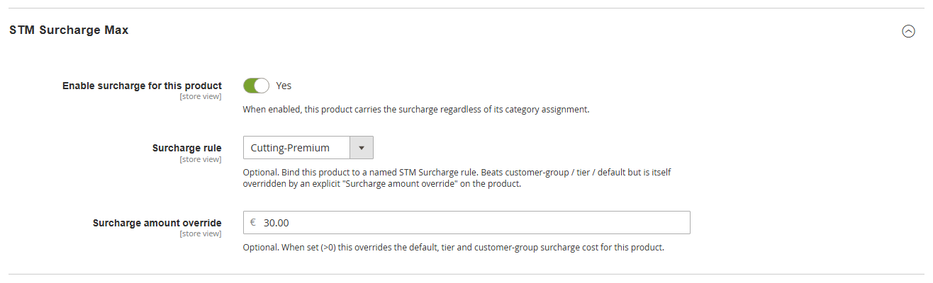 STM Surcharge Max attribute group on the Joust Duffle Bag product page — enabled, bound to rule “Cutting-Premium”, with 