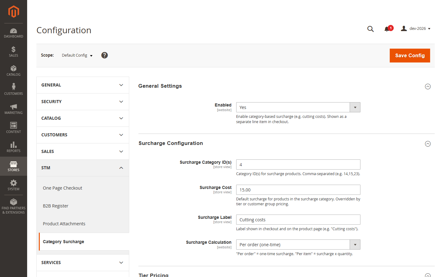 Top of the Category Surcharge section — General (module enable) and Surcharge Configuration (category IDs, default cost,