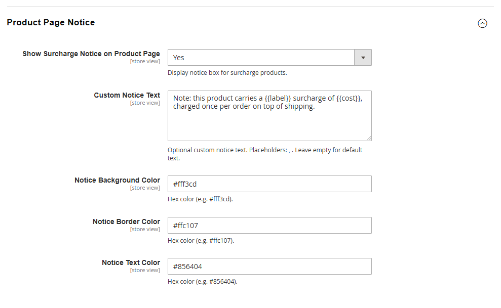 Product Page Notice group with custom text and three hex colours.