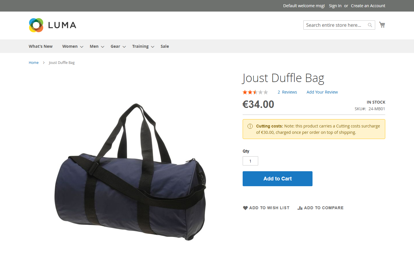 Joust Duffle Bag product page on the Luma storefront with the surcharge notice box rendered above the Add-to-Cart button