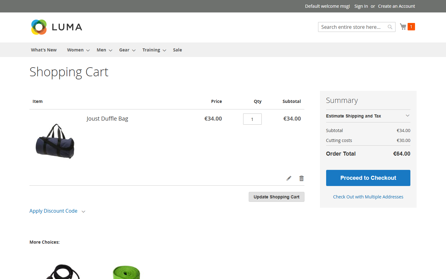 Shopping cart summary with subtotal €34.00, Cutting costs €30.00 and order total €64.00.